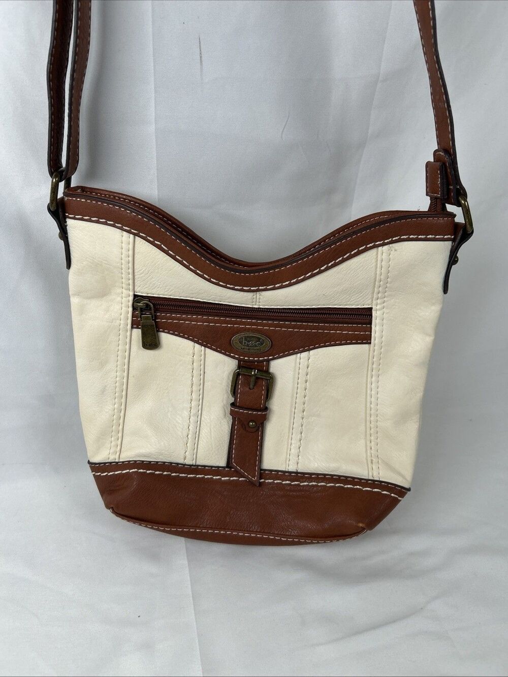 BOC Faux Leather Purse With Power Bank Pocket Cream Brown Adjustable Strap